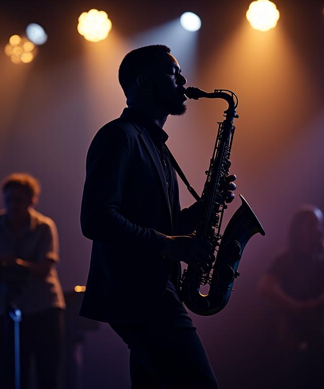 A soulful saxophonist performing on a softly lit stage, with the silhouette of a double bass in the background.