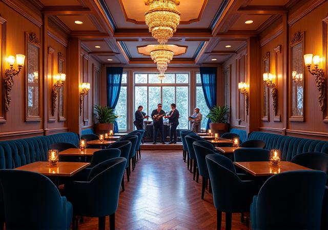 Wide shot of the teahouse interior during a live performance, showcasing elegant decor.